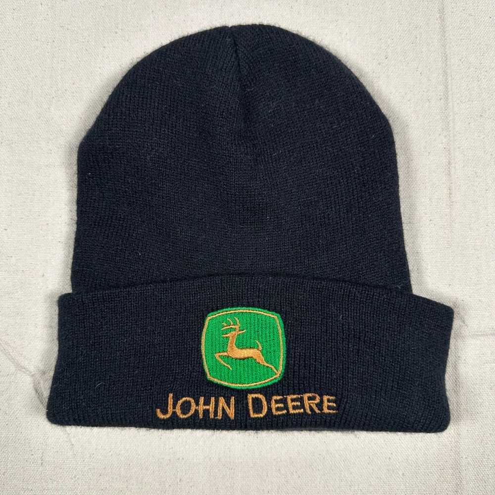 John Deere Black Knit Beanie Hat Embroidered Logo Cuffed Winter Cap Mens Womens